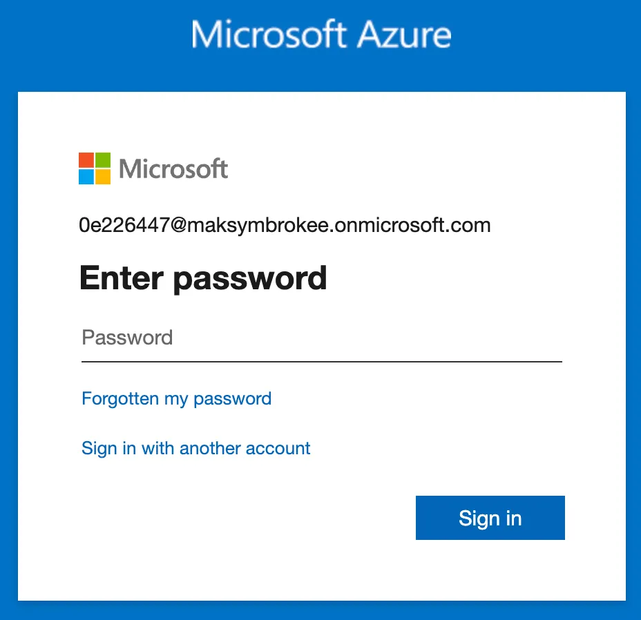 The Azure sign-in screen a candidate sees: username pre-filled with a per-test temporary account, password left for the candidate to enter