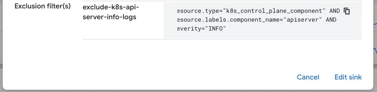 Log Router exclusion filter named “exclude-k8s-api-server-info-logs”, matching on resource.type, component_name=“apiserver”, and severity=“INFO”
