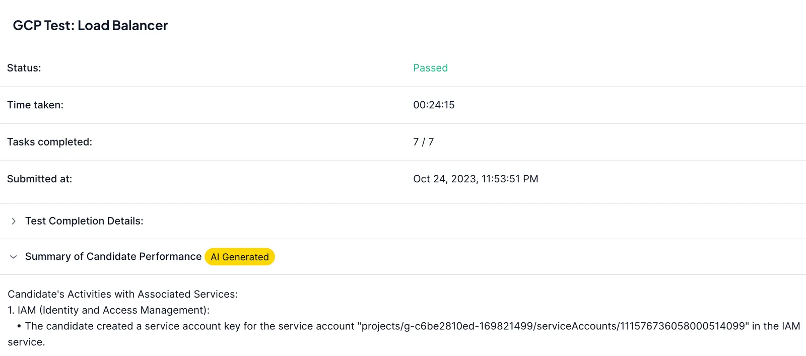 A completed test report: status, time taken, tasks completed, and an AI-generated summary of the candidate’s activity by service
