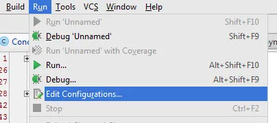 IntelliJ Run menu, Edit Configurations highlighted