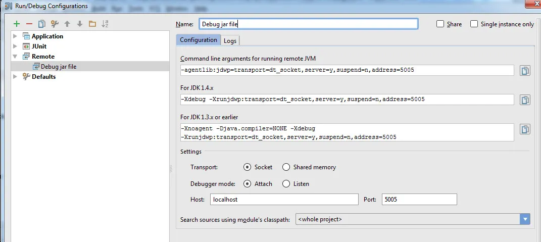 The Remote configuration screen with default attach settings